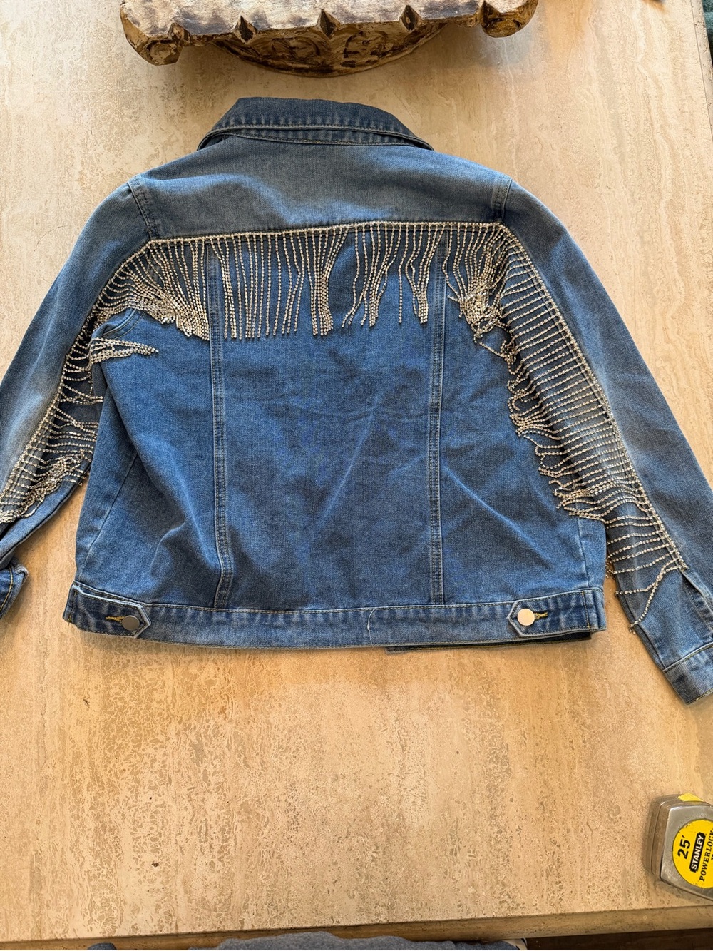 ANDREE BY UNIT Blue Denim Jacket with Cascading Rhinestone Silver Fringe